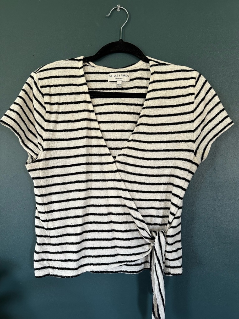 Madewell Black and White Striped Wrap Tie Top